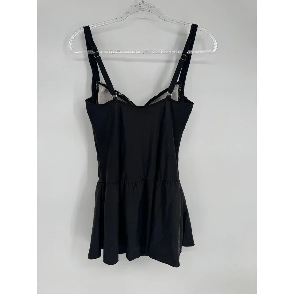 Black Gold Sz 14 Ruched Swim Dress One Piece Adjustable Straps Skirted Swimsuit